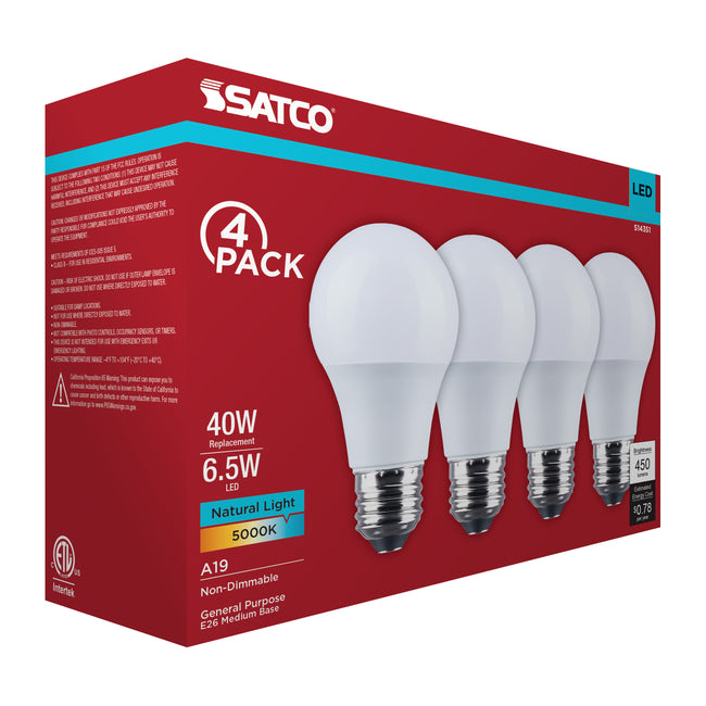 Satco 6.5W (40W Equivalent) A19 Standard LED Bulb, E26 Medium Base, 5000K, 90+ CRI, Damp Rated, 4-Pack (Color Box), alternate view [Satco-S14351|CUSTOM|1]