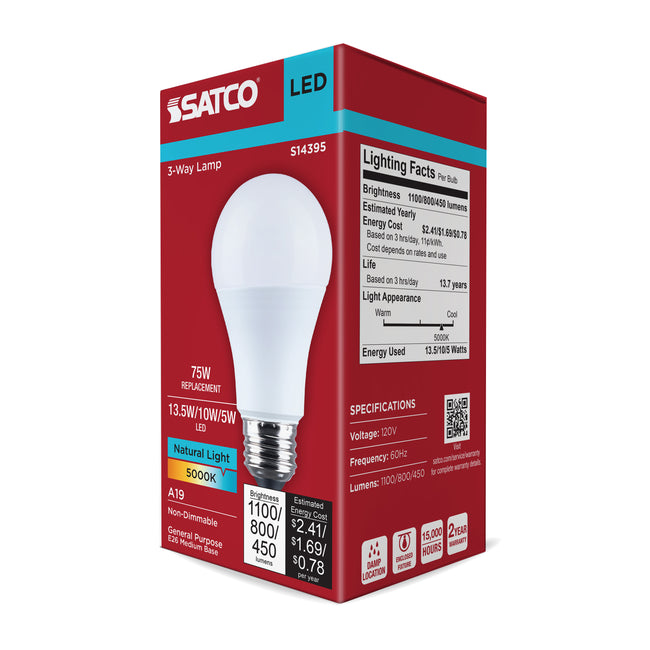 Satco 13.5/10/5W (100/70/30W Equivalent) A19 Standard LED Bulb, E26d Base, 5000K, 80+ CRI, Damp Rated, Frost with Frosted Glass, alternate view [Satco-S14395|CUSTOM|1]
