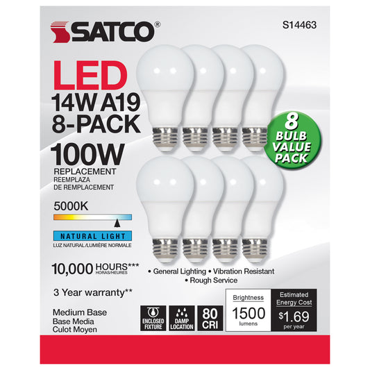 Satco 14W (100W Equivalent) A19 Standard LED Bulb, E26 Medium Base, 5000K, 80+ CRI, Damp Rated, White, alternate view [Satco-S14463|CUSTOM|1]