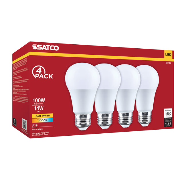 Satco 14W (100W Equivalent) A19 Standard LED Bulb, E26 Medium Base, 3000K, 80+ CRI, Shatter Resistant, Dimmable, Damp Rated, 4-Pack (Color Box), alternate view [Satco-S15176|CUSTOM|4]