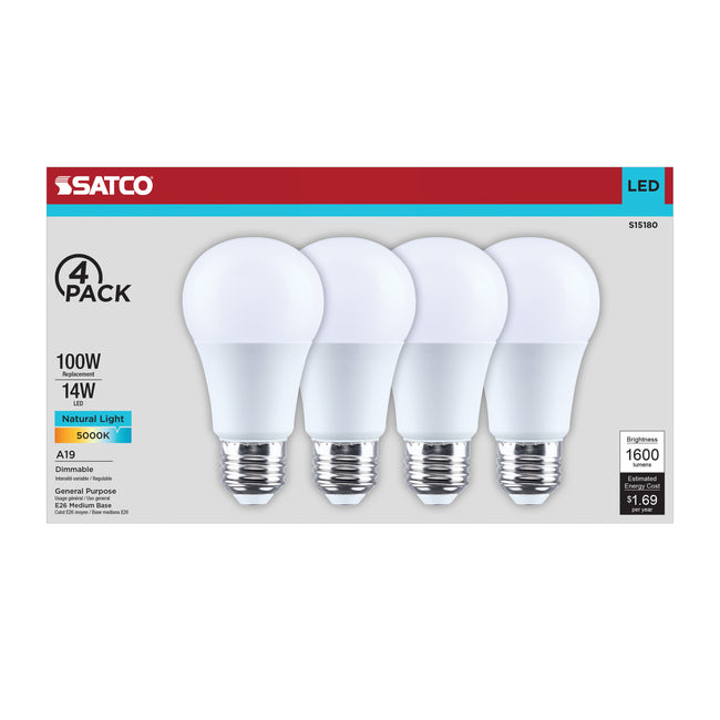 Satco 14W (100W Equivalent) A19 Standard LED Bulb, E26 Medium Base, 5000K, 80+ CRI, Shatter Resistant, Dimmable, Damp Rated, 4-Pack (Color Box), alternate view [Satco-S15180|CUSTOM|1]