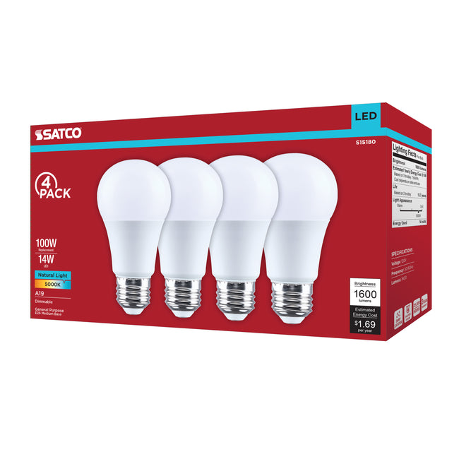 Satco 14W (100W Equivalent) A19 Standard LED Bulb, E26 Medium Base, 5000K, 80+ CRI, Shatter Resistant, Dimmable, Damp Rated, 4-Pack (Color Box), alternate view [Satco-S15180|CUSTOM|3]