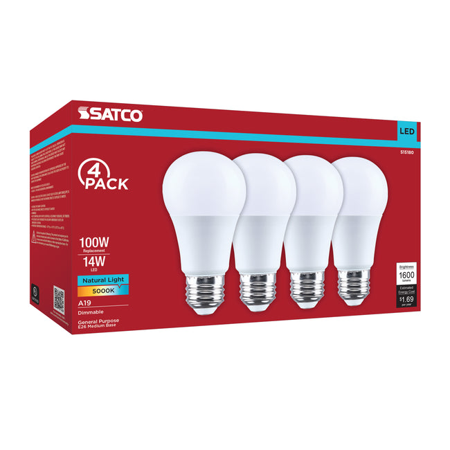 Satco 14W (100W Equivalent) A19 Standard LED Bulb, E26 Medium Base, 5000K, 80+ CRI, Shatter Resistant, Dimmable, Damp Rated, 4-Pack (Color Box), alternate view [Satco-S15180|CUSTOM|4]