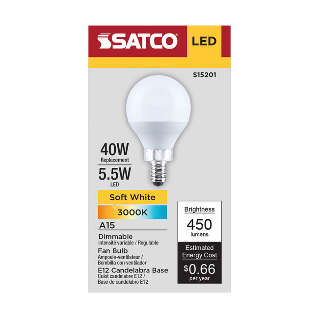 Satco 5.5W (40W Equivalent) A15 Standard LED Bulb, E12 Candelabra Base, 3000K, 80+ CRI, Shatter Resistant, Dimmable, Damp Rated, alternate view [Satco-S15201|CUSTOM|2]