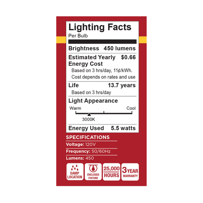 Satco 5.5W (40W Equivalent) A15 Standard LED Bulb, E12 Candelabra Base, 3000K, 80+ CRI, Shatter Resistant, Dimmable, Damp Rated, alternate view [Satco-S15201|CUSTOM|3]