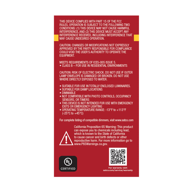 Satco 5.5W (40W Equivalent) A15 Standard LED Bulb, E12 Candelabra Base, 3000K, 80+ CRI, Shatter Resistant, Dimmable, Damp Rated, alternate view [Satco-S15201|CUSTOM|4]