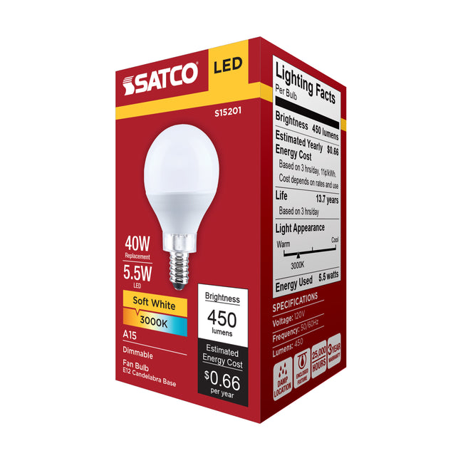 Satco 5.5W (40W Equivalent) A15 Standard LED Bulb, E12 Candelabra Base, 3000K, 80+ CRI, Shatter Resistant, Dimmable, Damp Rated, alternate view [Satco-S15201|CUSTOM|6]