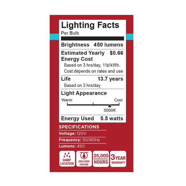Satco 5.5W (40W Equivalent) A15 Standard LED Bulb, E12 Candelabra Base, 5000K, 80+ CRI, Shatter Resistant, Dimmable, Damp Rated, alternate view [Satco-S15203|CUSTOM|3]