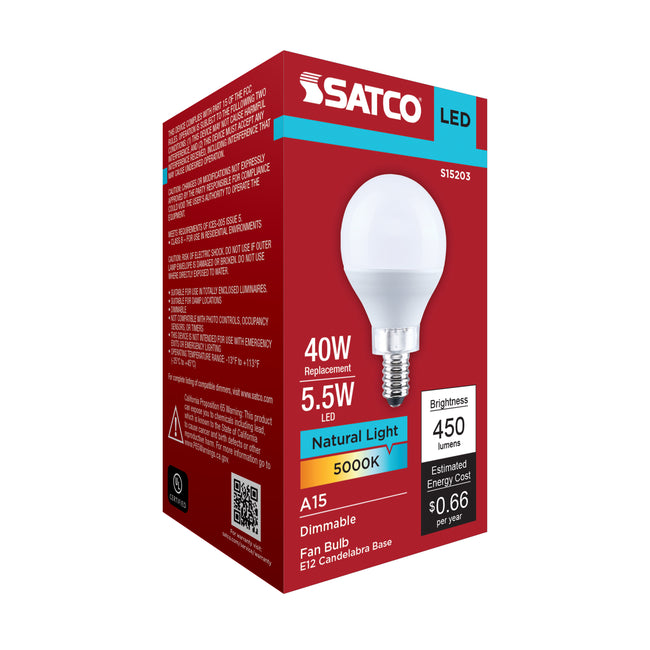 Satco 5.5W (40W Equivalent) A15 Standard LED Bulb, E12 Candelabra Base, 5000K, 80+ CRI, Shatter Resistant, Dimmable, Damp Rated, alternate view [Satco-S15203|CUSTOM|5]