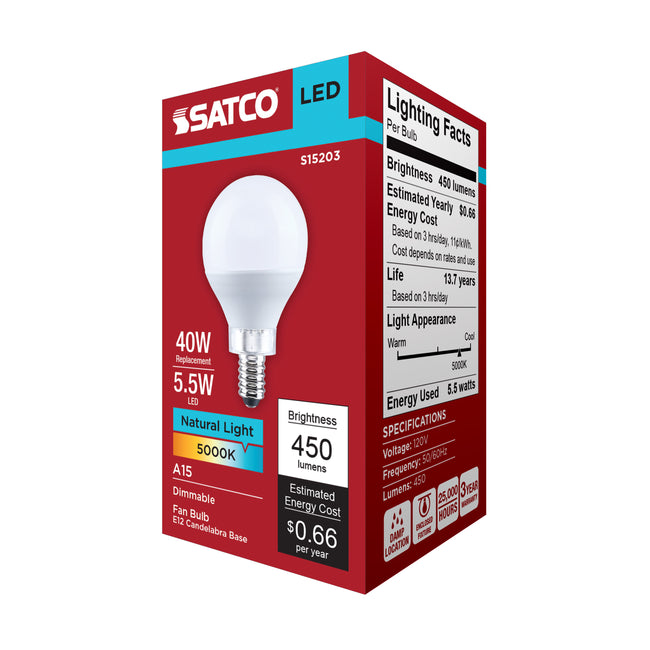 Satco 5.5W (40W Equivalent) A15 Standard LED Bulb, E12 Candelabra Base, 5000K, 80+ CRI, Shatter Resistant, Dimmable, Damp Rated, alternate view [Satco-S15203|CUSTOM|6]