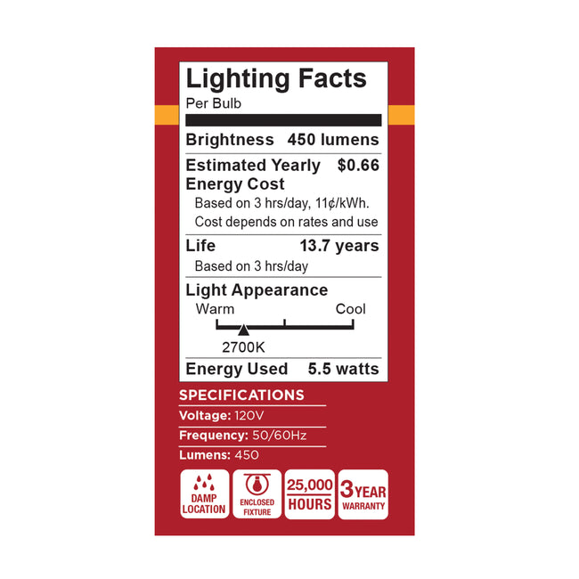 Satco 5.5W (40W Equivalent) A15 Standard LED Bulb, E17 Intermediate Base, 2700K, 80+ CRI, Shatter Resistant, Dimmable, Damp Rated, alternate view [Satco-S15204|CUSTOM|3]