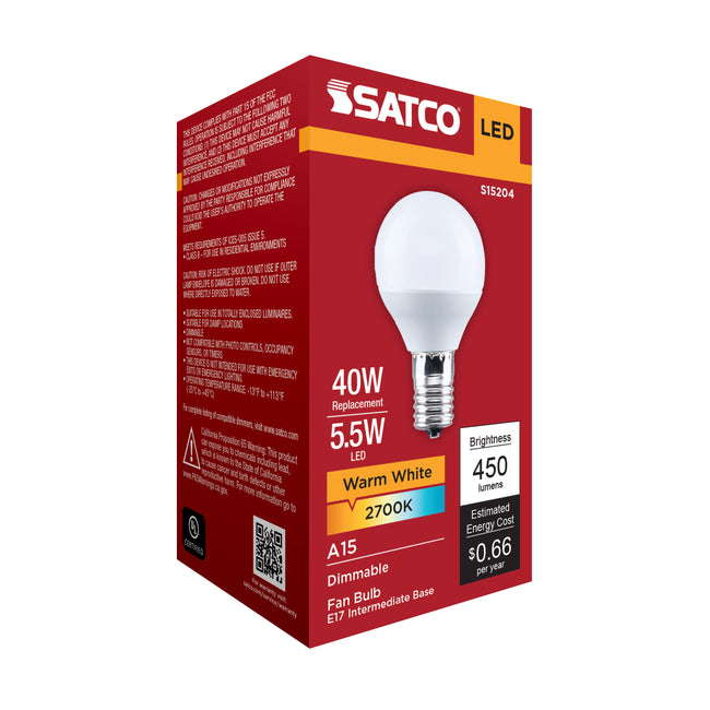 Satco 5.5W (40W Equivalent) A15 Standard LED Bulb, E17 Intermediate Base, 2700K, 80+ CRI, Shatter Resistant, Dimmable, Damp Rated, alternate view [Satco-S15204|CUSTOM|5]