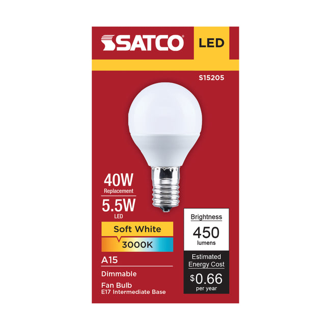 Satco 5.5W (40W Equivalent) A15 Standard LED Bulb, E17 Intermediate Base, 3000K, 80+ CRI, Shatter Resistant, Dimmable, Damp Rated, alternate view [Satco-S15205|CUSTOM|1]