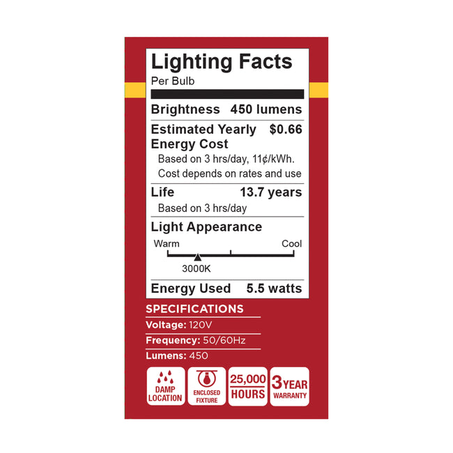 Satco 5.5W (40W Equivalent) A15 Standard LED Bulb, E17 Intermediate Base, 3000K, 80+ CRI, Shatter Resistant, Dimmable, Damp Rated, alternate view [Satco-S15205|CUSTOM|3]