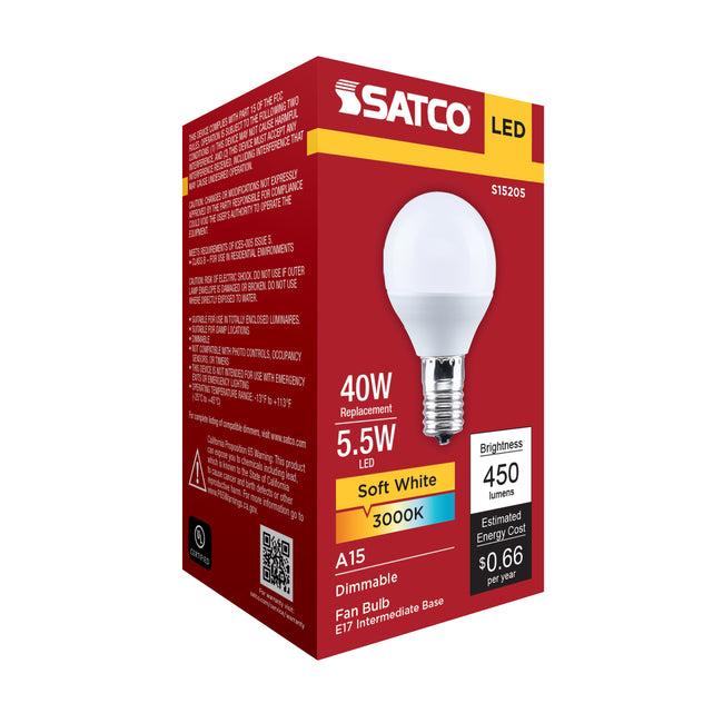 Satco 5.5W (40W Equivalent) A15 Standard LED Bulb, E17 Intermediate Base, 3000K, 80+ CRI, Shatter Resistant, Dimmable, Damp Rated, alternate view [Satco-S15205|CUSTOM|5]