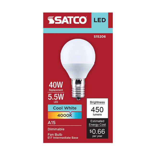Satco 5.5W (40W Equivalent) A15 Standard LED Bulb, E17 Intermediate Base, 4000K, 80+ CRI, Shatter Resistant, Dimmable, Damp Rated, alternate view [Satco-S15206|CUSTOM|1]