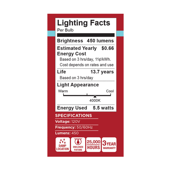 Satco 5.5W (40W Equivalent) A15 Standard LED Bulb, E17 Intermediate Base, 4000K, 80+ CRI, Shatter Resistant, Dimmable, Damp Rated, alternate view [Satco-S15206|CUSTOM|3]