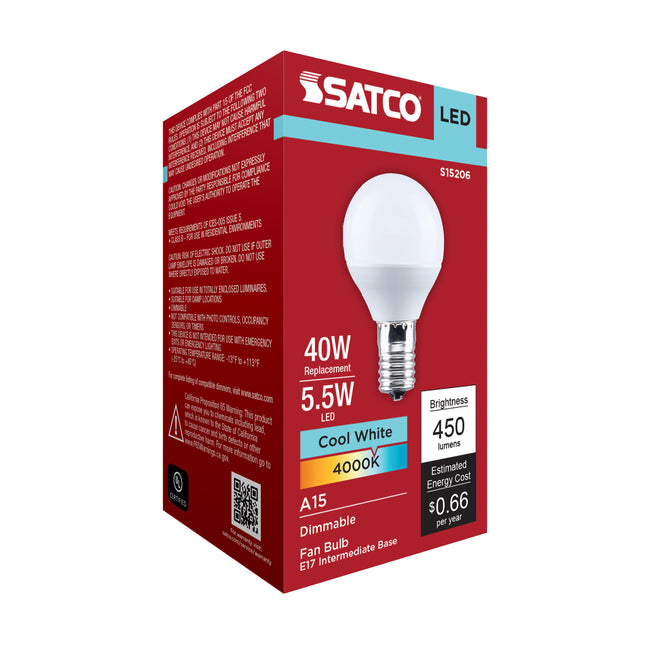 Satco 5.5W (40W Equivalent) A15 Standard LED Bulb, E17 Intermediate Base, 4000K, 80+ CRI, Shatter Resistant, Dimmable, Damp Rated, alternate view [Satco-S15206|CUSTOM|5]