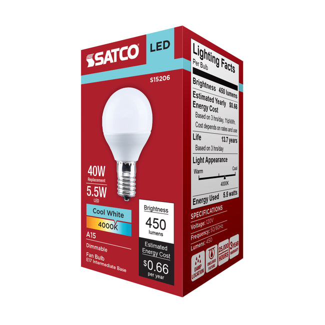 Satco 5.5W (40W Equivalent) A15 Standard LED Bulb, E17 Intermediate Base, 4000K, 80+ CRI, Shatter Resistant, Dimmable, Damp Rated, alternate view [Satco-S15206|CUSTOM|6]