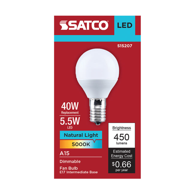 Satco 5.5W (40W Equivalent) A15 Standard LED Bulb, E17 Intermediate Base, 5000K, 80+ CRI, Shatter Resistant, Dimmable, Damp Rated, Frost, alternate view [Satco-S15207|CUSTOM|1]