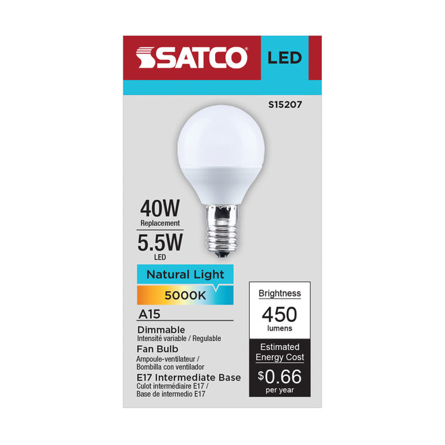 Satco 5.5W (40W Equivalent) A15 Standard LED Bulb, E17 Intermediate Base, 5000K, 80+ CRI, Shatter Resistant, Dimmable, Damp Rated, Frost, alternate view [Satco-S15207|CUSTOM|2]