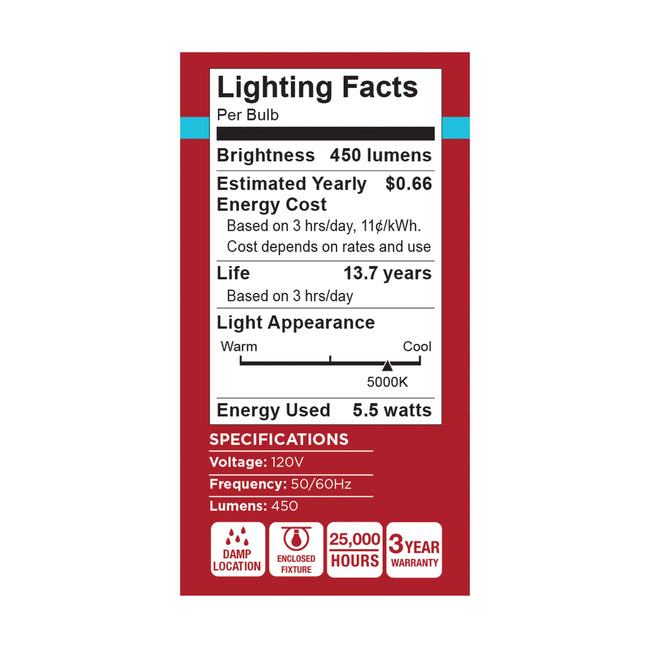Satco 5.5W (40W Equivalent) A15 Standard LED Bulb, E17 Intermediate Base, 5000K, 80+ CRI, Shatter Resistant, Dimmable, Damp Rated, Frost, alternate view [Satco-S15207|CUSTOM|3]