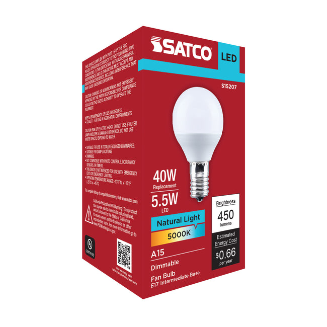 Satco 5.5W (40W Equivalent) A15 Standard LED Bulb, E17 Intermediate Base, 5000K, 80+ CRI, Shatter Resistant, Dimmable, Damp Rated, Frost, alternate view [Satco-S15207|CUSTOM|5]
