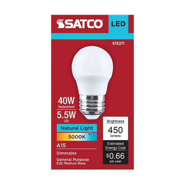 Satco 5.5W (40W Equivalent) A15 Standard LED Bulb, E26 Medium Base, 5000K, 80+ CRI, Shatter Resistant, Dimmable, Damp Rated, Frost, alternate view [Satco-S15211|CUSTOM|1]