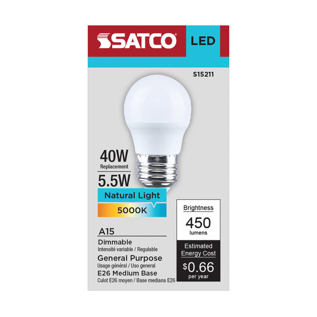 Satco 5.5W (40W Equivalent) A15 Standard LED Bulb, E26 Medium Base, 5000K, 80+ CRI, Shatter Resistant, Dimmable, Damp Rated, Frost, alternate view [Satco-S15211|CUSTOM|2]