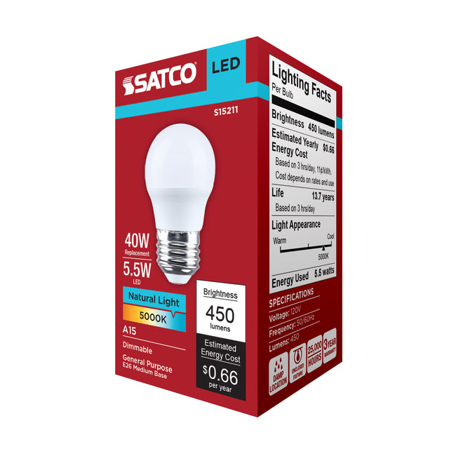 Satco 5.5W (40W Equivalent) A15 Standard LED Bulb, E26 Medium Base, 5000K, 80+ CRI, Shatter Resistant, Dimmable, Damp Rated, Frost, alternate view [Satco-S15211|CUSTOM|6]