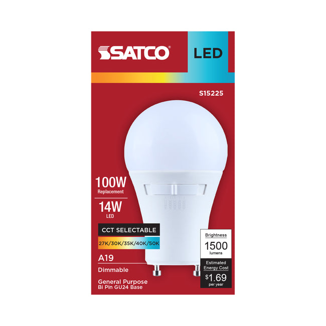 Satco 14W (100W Equivalent) A19 Standard LED Bulb, GU24 Base, Selectable 2700K-5000K, 90+ CRI, Shatter Resistant, Dimmable, Damp Rated, alternate view [Satco-S15225|CUSTOM|1]