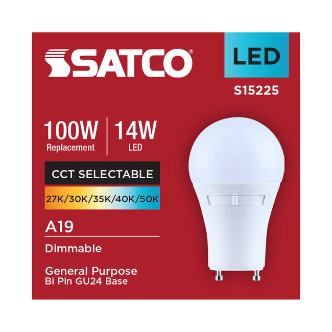 Satco 14W (100W Equivalent) A19 Standard LED Bulb, GU24 Base, Selectable 2700K-5000K, 90+ CRI, Shatter Resistant, Dimmable, Damp Rated, alternate view [Satco-S15225|CUSTOM|5]