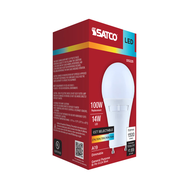 Satco 14W (100W Equivalent) A19 Standard LED Bulb, GU24 Base, Selectable 2700K-5000K, 90+ CRI, Shatter Resistant, Dimmable, Damp Rated, alternate view [Satco-S15225|CUSTOM|7]