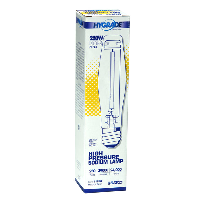 Satco 250W ET18 High Pressure Sodium Bulb, E39 Mogul Base, 2100K, 20+ CRI, Clear with Clear Glass, alternate view [Satco-S1940|CUSTOM|4]
