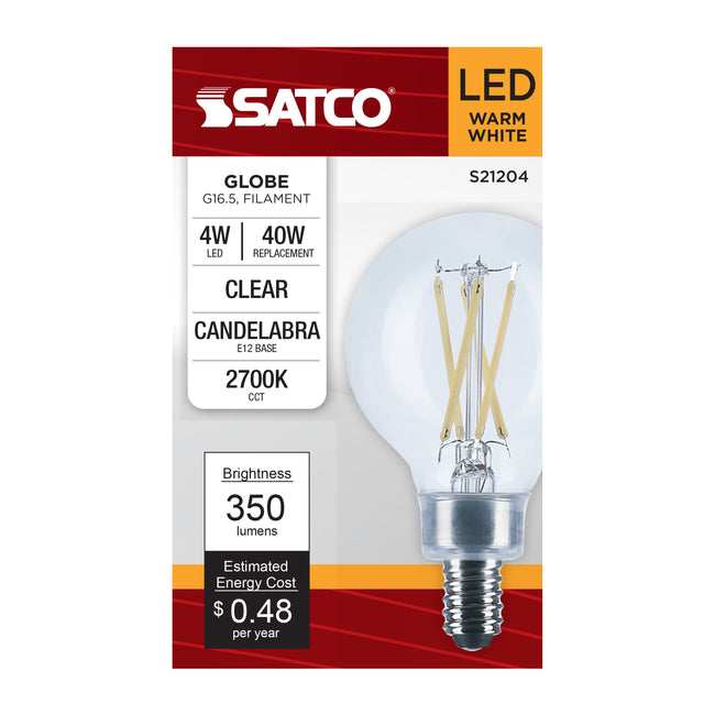 Satco 4W (40W Equivalent) G16.5 Globe LED Filament Bulb, E12 Candelabra Base, 2700K, 90+ CRI, Dimmable, Wet Rated, Single (Box), alternate view [Satco-S21204|CUSTOM|3]