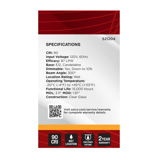 Satco 4W (40W Equivalent) G16.5 Globe LED Filament Bulb, E12 Candelabra Base, 2700K, 90+ CRI, Dimmable, Wet Rated, Single (Box), alternate view [Satco-S21204|CUSTOM|5]