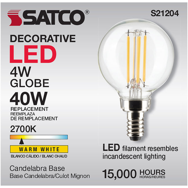 Satco 4W (40W Equivalent) G16.5 Globe LED Filament Bulb, E12 Candelabra Base, 2700K, 90+ CRI, Dimmable, Wet Rated, Single (Box), alternate view [Satco-S21204|CUSTOM|7]