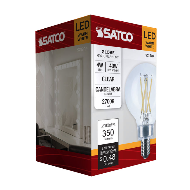 Satco 4W (40W Equivalent) G16.5 Globe LED Filament Bulb, E12 Candelabra Base, 2700K, 90+ CRI, Dimmable, Wet Rated, Single (Box), alternate view [Satco-S21204|CUSTOM|8]