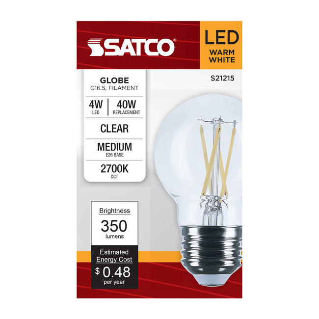Satco 4W (40W Equivalent) G16.5 Globe LED Filament Bulb, E26 Medium Base, 2700K, 90+ CRI, Dimmable, Wet Rated, Single (Box), alternate view [Satco-S21215|CUSTOM|4]