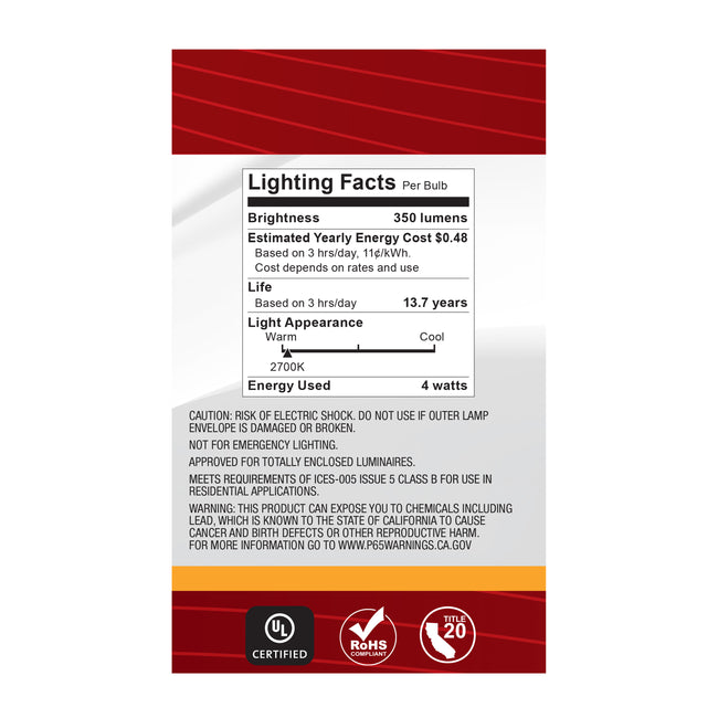 Satco 4W (40W Equivalent) G16.5 Globe LED Filament Bulb, E26 Medium Base, 2700K, 90+ CRI, Dimmable, Wet Rated, Single (Box), alternate view [Satco-S21215|CUSTOM|7]