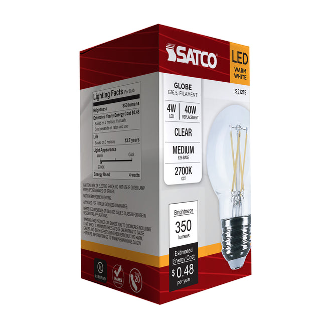 Satco 4W (40W Equivalent) G16.5 Globe LED Filament Bulb, E26 Medium Base, 2700K, 90+ CRI, Dimmable, Wet Rated, Single (Box), alternate view [Satco-S21215|CUSTOM|9]