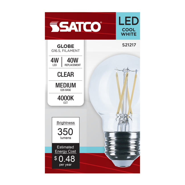 Satco 4W (40W Equivalent) G16.5 Globe LED Filament Bulb, E26 Medium Base, 4000K, 90+ CRI, Dimmable, Wet Rated, Clear and Clear Shade, alternate view [Satco-S21217|CUSTOM|3]