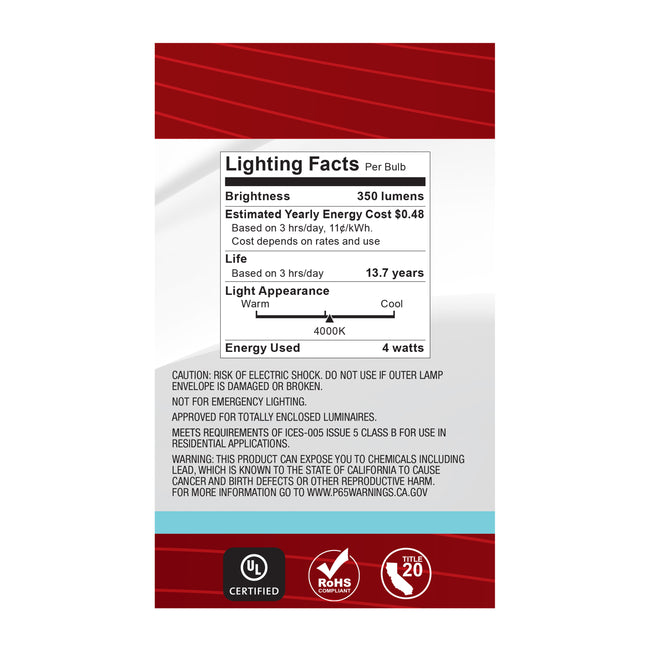 Satco 4W (40W Equivalent) G16.5 Globe LED Filament Bulb, E26 Medium Base, 4000K, 90+ CRI, Dimmable, Wet Rated, Clear and Clear Shade, alternate view [Satco-S21217|CUSTOM|6]