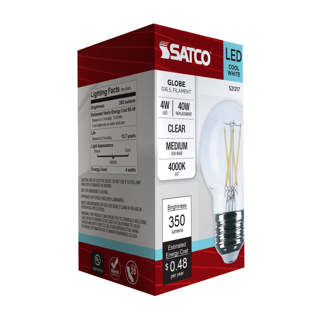 Satco 4W (40W Equivalent) G16.5 Globe LED Filament Bulb, E26 Medium Base, 4000K, 90+ CRI, Dimmable, Wet Rated, Clear and Clear Shade, alternate view [Satco-S21217|CUSTOM|8]