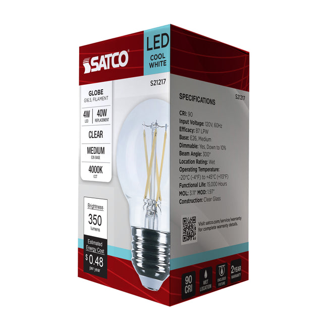 Satco 4W (40W Equivalent) G16.5 Globe LED Filament Bulb, E26 Medium Base, 4000K, 90+ CRI, Dimmable, Wet Rated, Clear and Clear Shade, alternate view [Satco-S21217|CUSTOM|9]