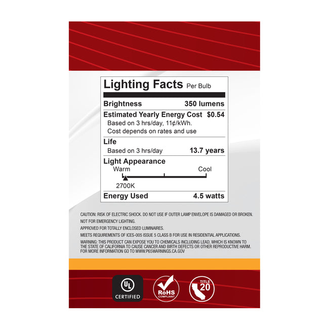 Satco 4.5W (40W Equivalent) G25 Globe LED Filament Bulb, E26 Medium Base, 2700K, 90+ CRI, Dimmable, Wet Rated, Clear / Single (Box), alternate view [Satco-S21226|CUSTOM|6]