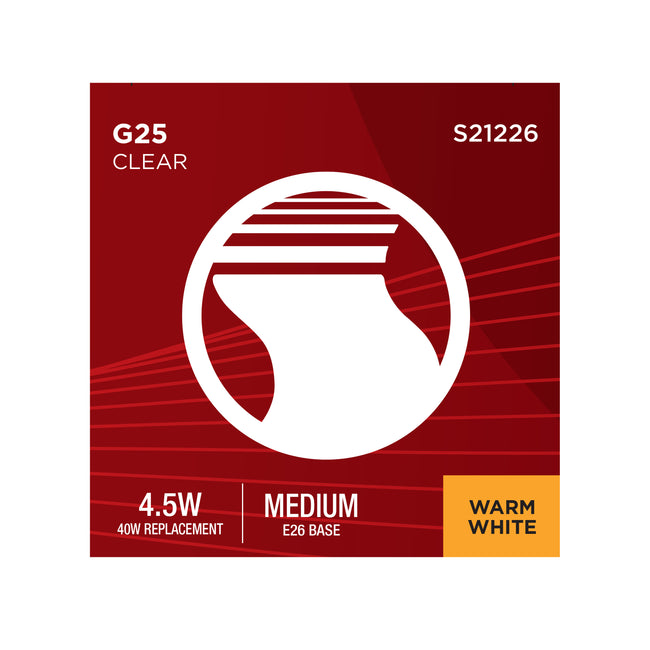 Satco 4.5W (40W Equivalent) G25 Globe LED Filament Bulb, E26 Medium Base, 2700K, 90+ CRI, Dimmable, Wet Rated, Clear / Single (Box), alternate view [Satco-S21226|CUSTOM|7]