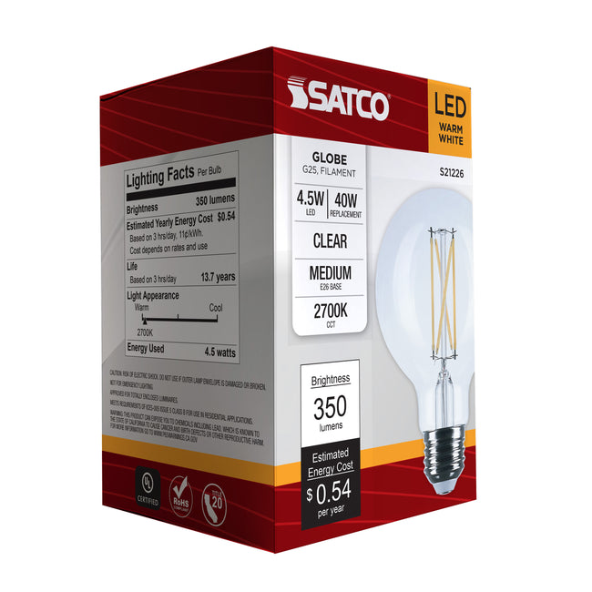 Satco 4.5W (40W Equivalent) G25 Globe LED Filament Bulb, E26 Medium Base, 2700K, 90+ CRI, Dimmable, Wet Rated, Clear / Single (Box), alternate view [Satco-S21226|CUSTOM|8]