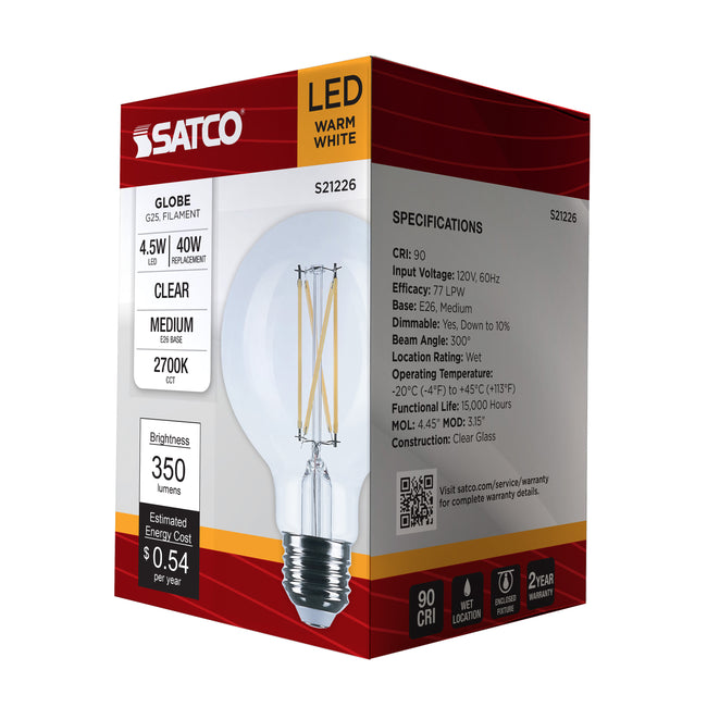 Satco 4.5W (40W Equivalent) G25 Globe LED Filament Bulb, E26 Medium Base, 2700K, 90+ CRI, Dimmable, Wet Rated, Clear / Single (Box), alternate view [Satco-S21226|CUSTOM|9]