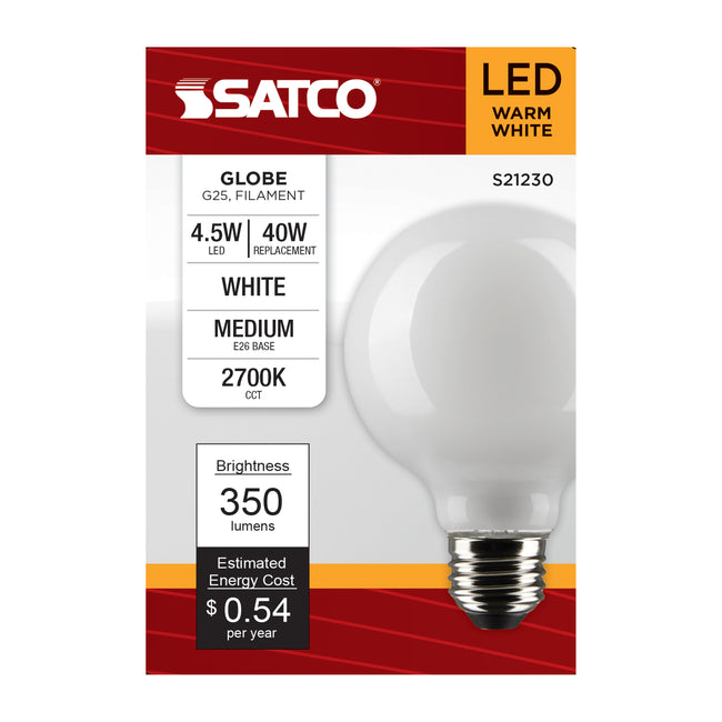 Satco 4.5W (40W Equivalent) G25 Globe LED Filament Bulb, E26 Medium Base, 2700K, 90+ CRI, Dimmable, Wet Rated, White / Single (Box), alternate view [Satco-S21230|CUSTOM|2]